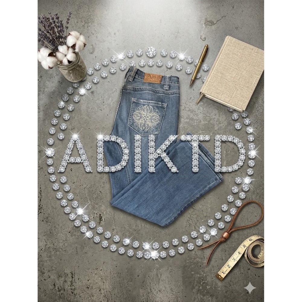 Adiktd Womens Bootcut Jeans Blue Embroidered Rhinestone Pockets bling Y2k Sz 6